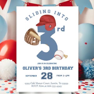 May include: A baseball-themed birthday invitation with the text "SLIDING INTO 3rd". The design includes a red baseball cap, a baseball glove with a bat, and a baseball. The invitation is for Oliver's 3rd birthday on September 28th.