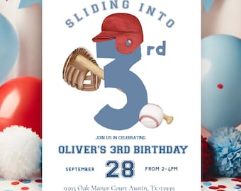May include: A baseball-themed birthday invitation with the text "SLIDING INTO 3rd". The design includes a red baseball cap, a baseball glove with a bat, and a baseball. The invitation is for Oliver's 3rd birthday on September 28th.