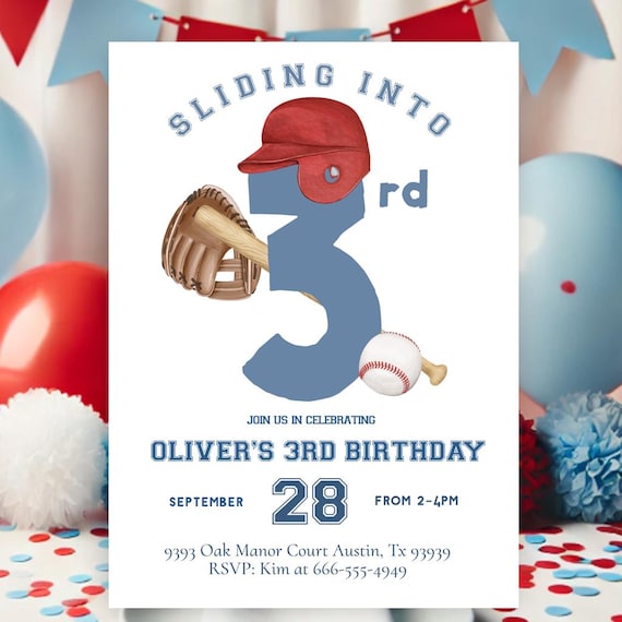 Baseball 3rd birthday invitation sliding into third 3rd birthday party, Baseball party printable invitation 3, printable template instant