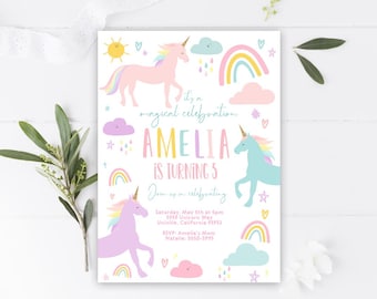 May include: A pink and blue unicorn birthday invitation with rainbows, clouds, and stars. The text reads "It's a magical celebration Amelia is turning 5. Join us in celebrating. Saturday, May 5th at 5pm 3939 Unicorn Way Univille, California 93932 RSVP: Amelia's Mom Natalie: 5550-3993"