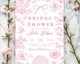 Puede incluir: Una invitación rosa y blanca para una despedida de soltera con ilustraciones florales y de mariposas. La invitación incluye el texto "BRIDAL SHOWER" y los detalles de la despedida de Natalie Rodgers el 18 de abril, 14:00-16:00.