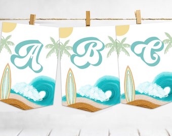 The BIG ONE birthday banner, Big one first birthday surfing first birthday waves ocean beach first birthday Retro surfboard ABC banner