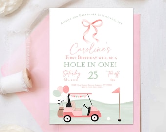 Hole In One First Birthday Invitation Editable Golf 1st Birthday Girl Invite Template Golf first birthday partee invitation Pink golf party