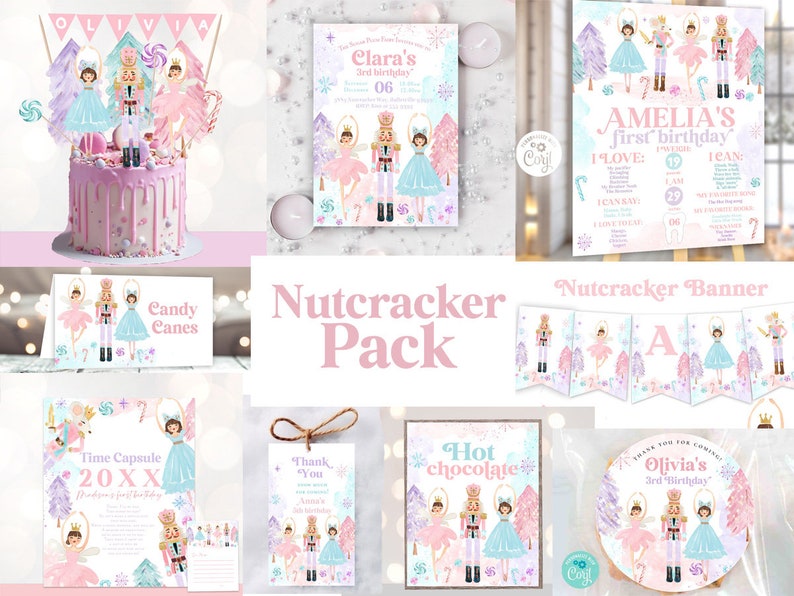 May include: A Nutcracker-themed party decoration set featuring illustrations of nutcrackers, ballerinas, and candy canes in pastel pink, blue, and purple. The collection includes a cake topper, birthday invitations, milestone signs, banners, and favor tags.