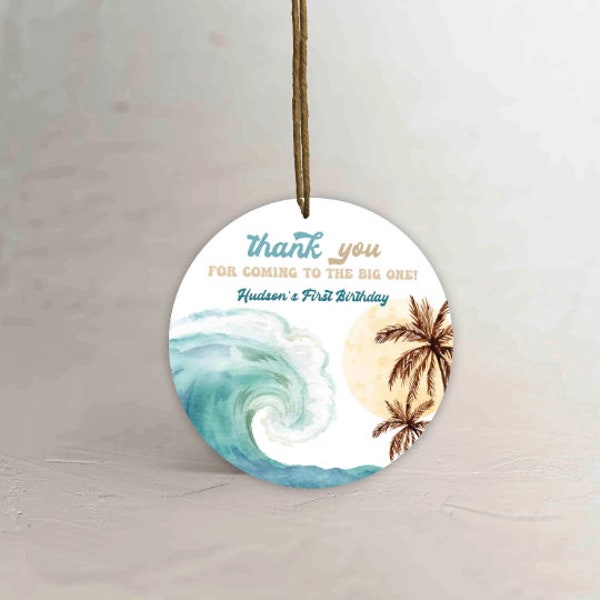 Editable THE BIG ONE favor tag, Surfing retro  favor tag surfboards party stickers round circle tag, printable waves palm trees sunset