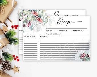 Winter bridal shower recipe cards instant download Christmas bridal shower recipe cards, Kitchen shower, eucalyptus greenery snow red green