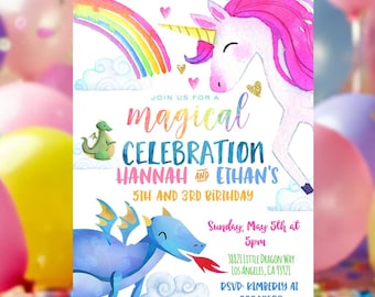 UNICORN Birthday invitation DRAGON and UNICORN Invitation Unicorn and Dragon invitation Dual Siblings Boy Girl party Magical Rainbow