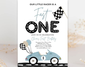 May include: A blue and white race car birthday invitation with a checkered flag and balloons. The invitation says "Our little racer is a Fast One" and includes details for a birthday party.
