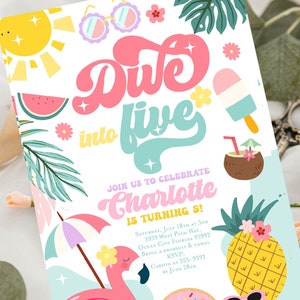 Dive into five birthday invitation pool party 5th birthday ice cream summer party, fifth birthday girl tropical water party