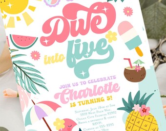 Dive into five birthday invitation pool party 5th birthday ice cream summer party, fifth birthday girl tropical water party