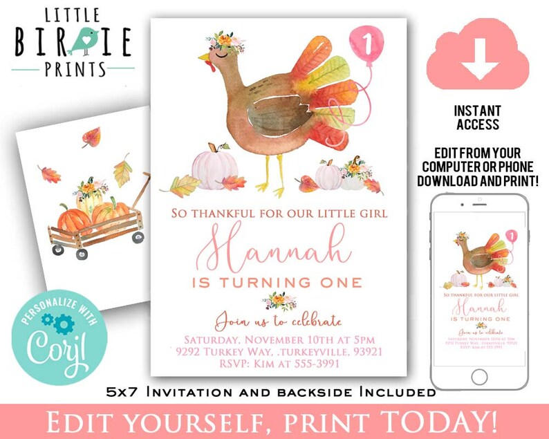 Girl Turkey Birthday Invitation Thanksgiving Turkey Birthday - Etsy
