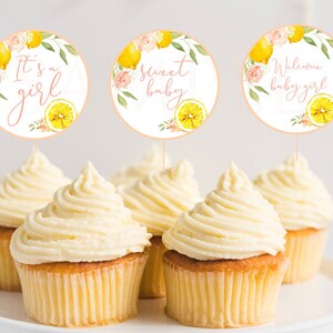 May include: Lemon themed cupcake toppers with pink floral accents. The toppers feature the text "It's a girl", "Sweet Baby", and "Welcome Baby Girl".
