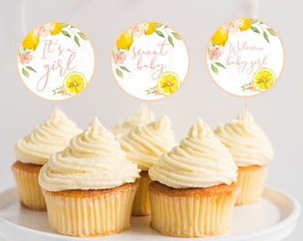 LEMON babyshower cupcake toppers Citroen babyshower banner Roze Blush Babyshower Limonade Sunshine cupcake toppers Gele babyshower