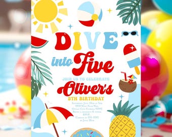 May include: A colorful invitation for a 5th birthday party with a summer theme. The invitation features a beach scene with a sun, beach ball, palm tree, watermelon, popsicle, coconut, pineapple, and a donut. The text on the invitation reads "Dive into Five Oliver's 5th Birthday".