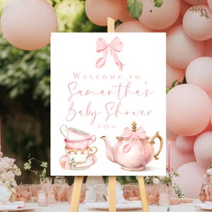 Tea party baby shower welcome sign, Pink bow girl baby shower sign coquette tea brunch teapot welcome sign printable instant download