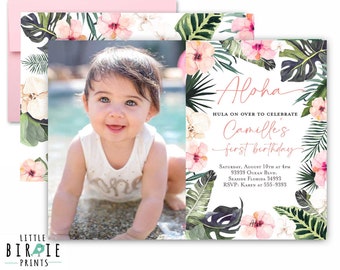 TROPICAL Birthday party invitation Pink Pineapple invitation Hawaiian Luau 1st Birthday invitation Aloha birthday invitation Palm leaves