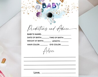 Predicciones y consejos del juego de baby shower en el espacio exterior, Baby Astronaut Planets Juego de baby shower en el espacio, predicciones y consejos, juego de cartas luna