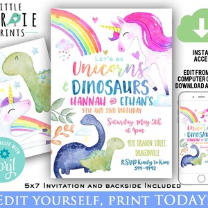 Op de afbeelding: Bewerkbare uitnodiging van 12,7 x 17,8 cm voor een verjaardagsfeest met een eenhoorn- en dinosaurus thema. De uitnodiging bevat een aquarel illustratie van een eenhoorn en een dinosaurus met een regenboog en wolken. De tekst op de uitnodiging luidt: "Let's be Unicorns & Dinosaurs Hannah and Ethan's 4th and 2nd Birthday Saturday, May 5th at 4pm 9394 Dragon Street, Dragonville RSVP Kindly to Kim 594-9493".