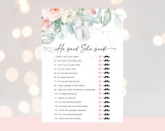 Winter bridal shower game He said she said , Christmas bridal shower game, Winter greenery pink blush watercolor Guess who game flowers