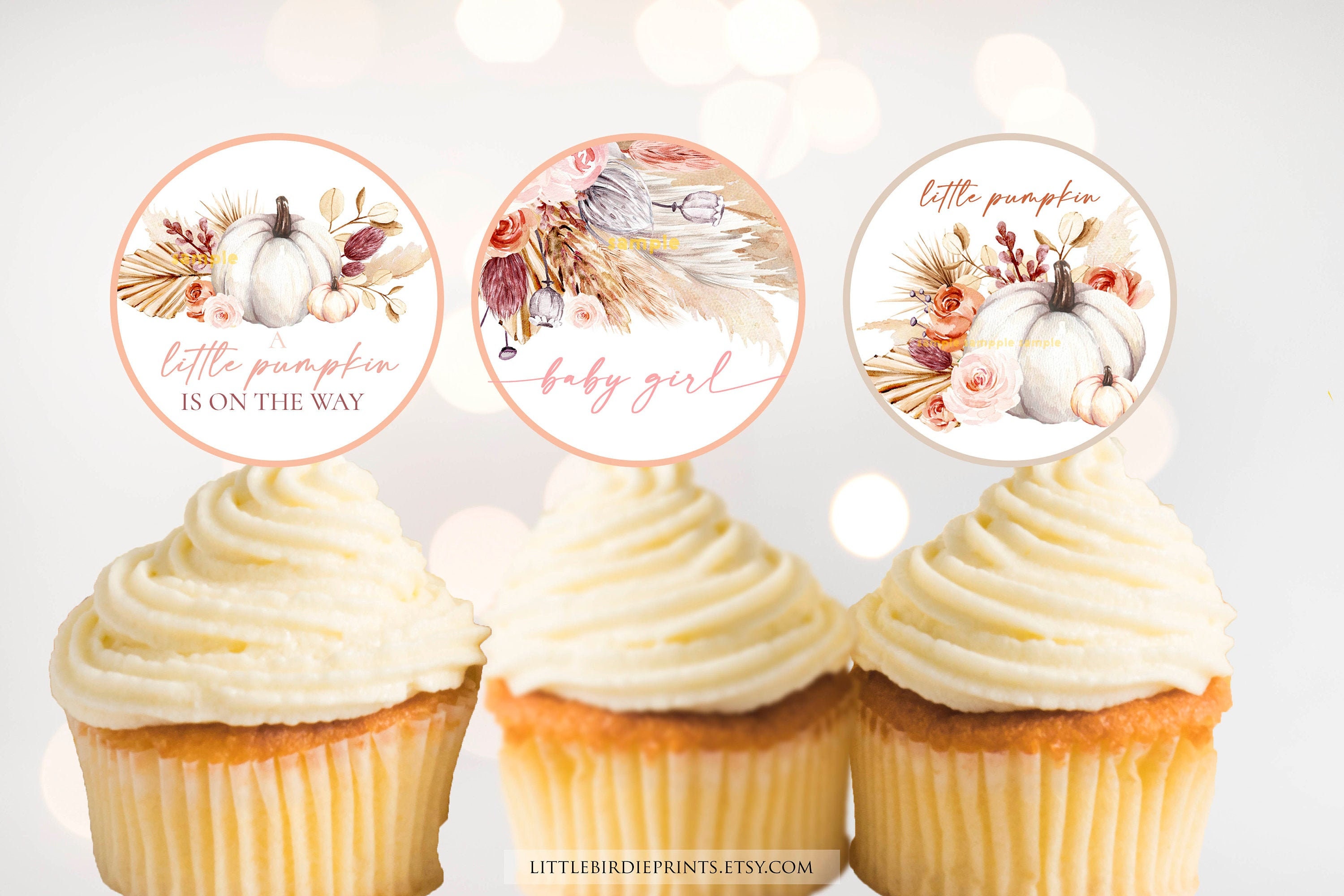 Girl boho baby shower cupcake toppers fall Pumpkin baby shower cupcake toppers Boho shower decorations its a girl pink white