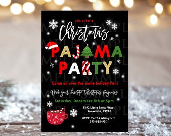 Christmas Pajamas Invitation - pajamas invitation hot chocolate party invitation gold and Christmas Sleepover invitation pajama party