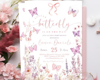 Butterfly baby shower invitation Butterflies baby shower invite A little butterfly is on the way It's a girl Wildflowers Pink bow invite