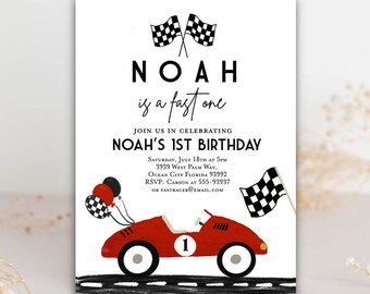 May include: A black and white birthday invitation for a boy named Noah. The invitation features a red race car with a checkered flag and the text "Noah is a fast one". The invitation also includes details about the party, including the date, time, location, and RSVP information.