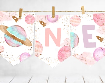 Girl Outer space high chair banner, Pink planets SPACE first birthday astronaut decorations, first trip around the sun galaxy birthday 1st