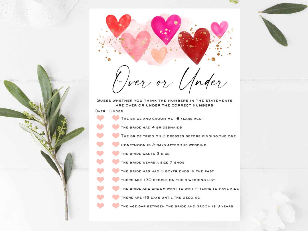 Valentine's Day Bridal Shower Game Over or Under Guessing Game ...