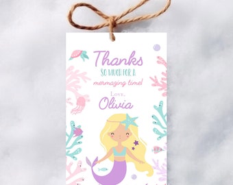 Etiqueta de favor de fiesta de sirena Etiqueta de regalo de fiesta de cumpleaños de sirena púrpura, Oneder el primer cumpleaños del mar Etiqueta de regalo de sirena en dos el mar se sumerge en cinco