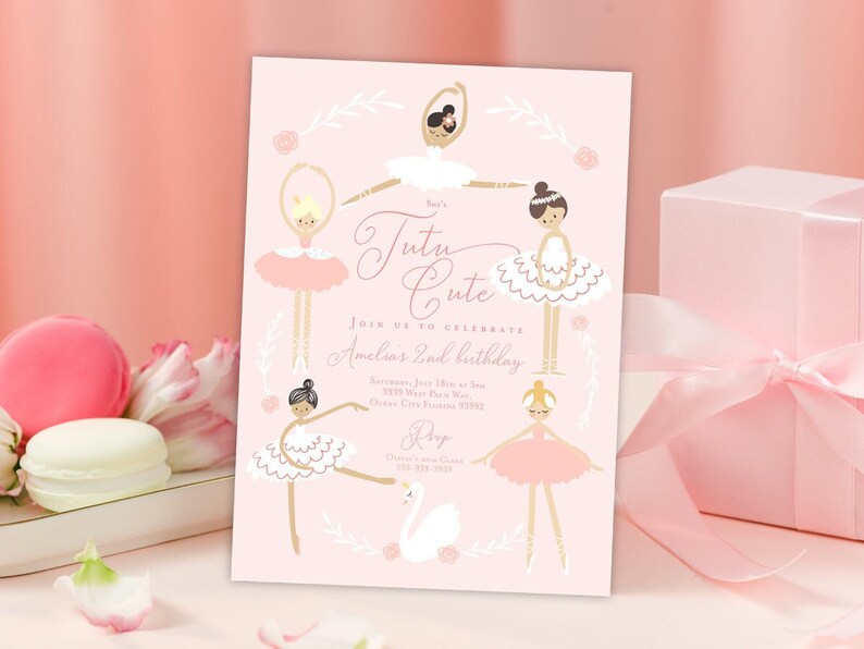 May include: Pink invitation with a white border and a floral design. The invitation says "Tutu Cute" and "Join us to celebrate Amelia's 2nd birthday". There are five ballerina illustrations on the invitation.