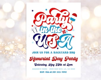 Memorial day party invitation, Red white and blue July 4th invitation, BBQ invitation Summer party graduation citizenship party, Pool