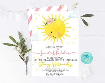 Editable SUNSHINE baby shower invitation Girl you are my sunshine baby shower Yellow baby shower Summer baby shower invitation Pink