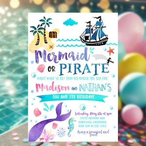 MERMAID PIRATE INVITATION Mermaid and pirate party invitation Mermaid and pirate birthday party invitation Boy and Girl Dual Watercolor