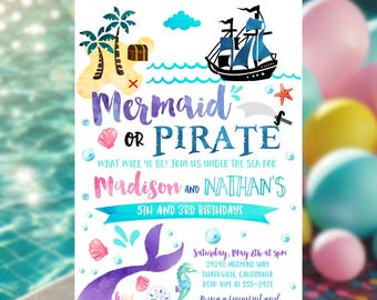 MERMAID PIRATE INVITATION Mermaid and pirate party invitation Mermaid and pirate birthday party invitation Boy and Girl Dual Watercolor