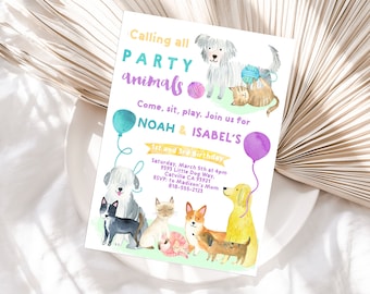 Boy girl Puppy Kitty Birthday Invitation, Watercolor DOG CAT Birthday Invitation Girl Pet Birthday Invitation, Dog Instant Download