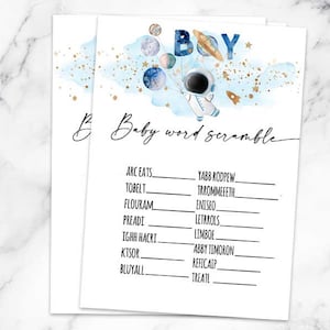 Astronauta baby shower juego espacio baby word scramble, estrellas galaxia planetas baby shower despegar a la luna baby word scramble globos