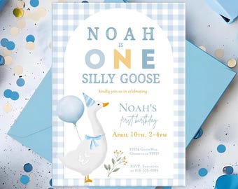 One silly goose birthday invitation boy blue goose first birthday party invitation, Goose 1st birthday party invitation spring gingham party