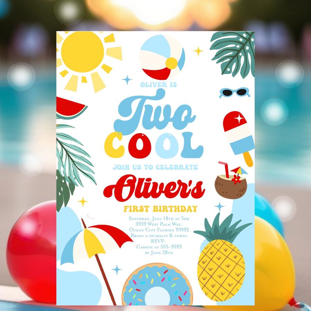 Two Cool Two Cool Birthday Invitation, Summer 2nd Birthday Pool Party Ice Cream ...