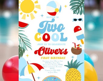 May include: A colourful invitation for a first birthday party with a summer theme. The invitation features a blue and white beach ball, a yellow sun, a red and white watermelon, a blue and white beach umbrella, a yellow pineapple, a blue and white doughnut, a coconut with a straw, a red and white popsicle, and a pair of sunglasses. The text on the invitation reads "Oliver is Two Cool" and "Join us to celebrate Oliver's First Birthday".