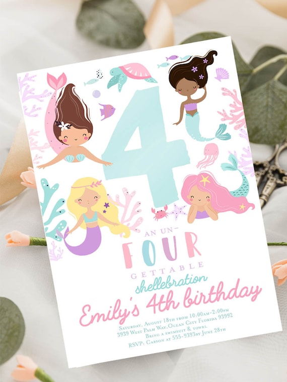 Editable Mermaid birthday invitation 4th birthday fourth birthday un-four-gettable shellebration Mermaid under the sea Pool party printable