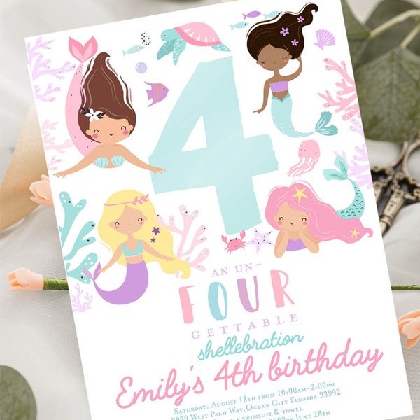 Editable Mermaid birthday invitation 4th birthday fourth birthday un-four-gettable shellebration Mermaid under the sea Pool party printable