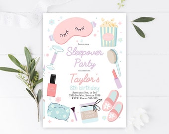 Sleepover birthday party invitation, Popcorn and Pajamas birthday party invitation, Spa birthday invitation Slumber party printable