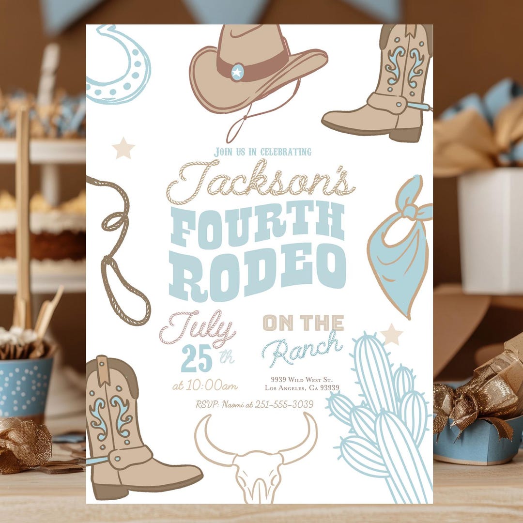Rodeo Fourth Birthday Invitation Boy Cowboy Western 4th Birthday Invite ...
