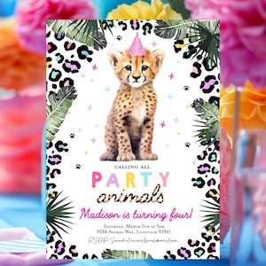 Invitation d'anniversaire de guépard, invitation d'anniversaire de grands chats animaux de safari, invitation de fille rose d'impression de guépard d'anniversaire de zoo de jungle sauvage