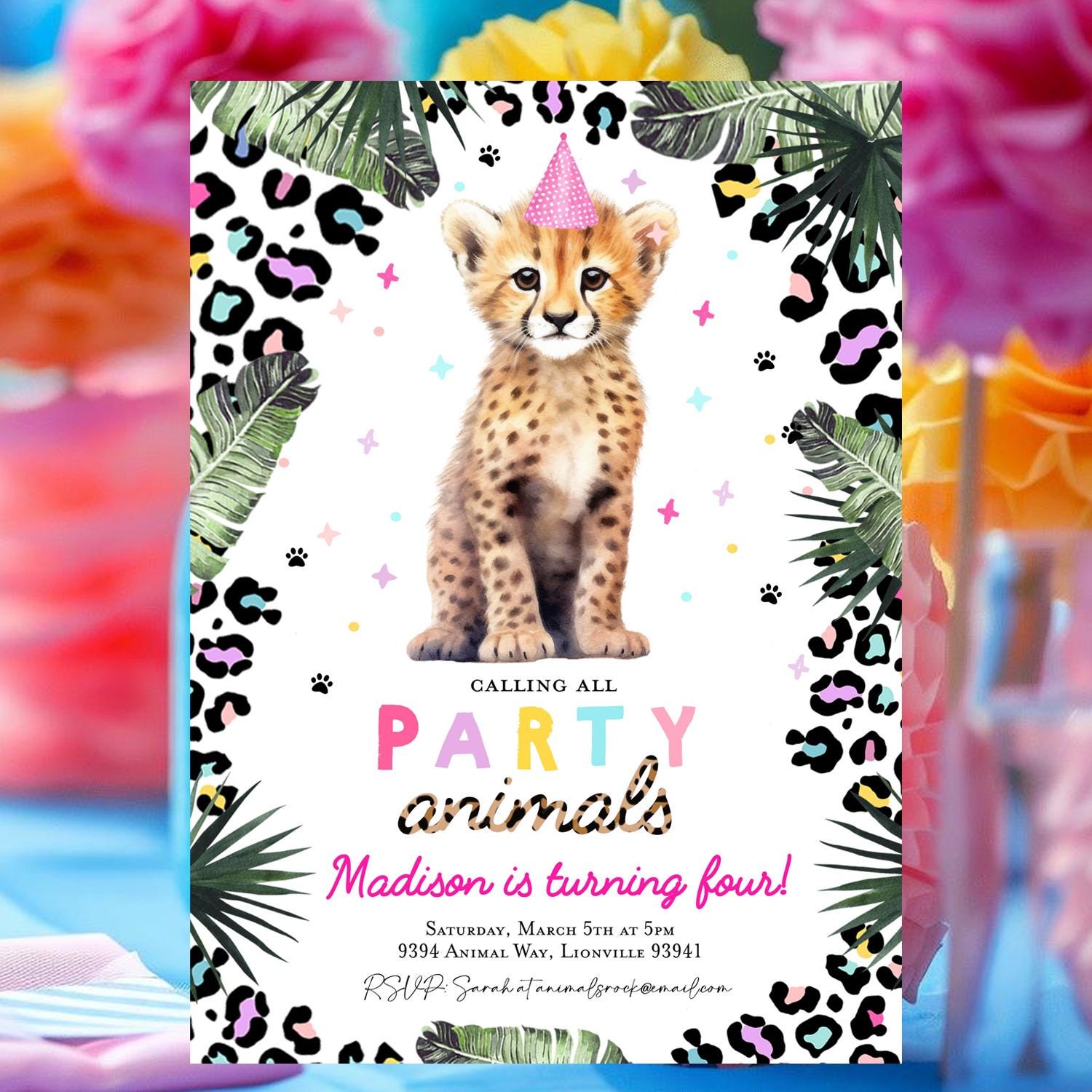 Cheetah Birthday Invitation Big Cat Safari Animals Birthday Invite, Cheetah print Zoo birthday Wild Jungle pink girl invitation
