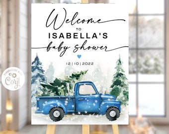 Editable WINTER Truck Baby Shower welcome sign, Winter boy baby shower sign, Snow Christmas Trees Pine Trees blue truck baby shower