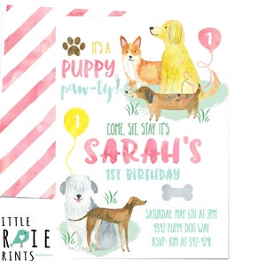 May include: A colorful invitation for a first birthday party with a puppy theme. The invitation features a watercolor illustration of various dog breeds, a yellow balloon with the number "1" on it, and the text "It's a Puppy Paw-ty! Come, Sit, Stay It's Sarah's 1st Birthday. Saturday, May 5th at 2PM, 9392 Puppy Dog Way, RSVP Kim at 392-929."