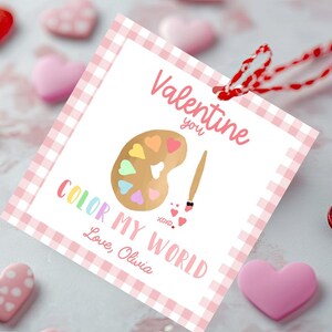 Peinture imprimable étiquette cadeau Saint-Valentin rose peinture aquarelle coeurs fille Saint-Valentin carte peinture Saint-Valentin modèle enfants Vichy
