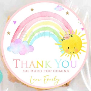 Bearbeitbarer Regenbogen-Sonnenschein-Dankeschön-Aufkleber, Regenbogen-Geburtstags-Bevorzugungsanhänger Sonnenschein und Regenbogen-Geburtstagsfeier Drive by Partybevorzugungsaufkleber